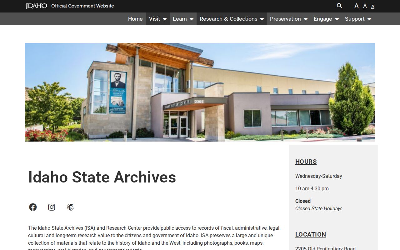 Idaho State Archives research and records access page